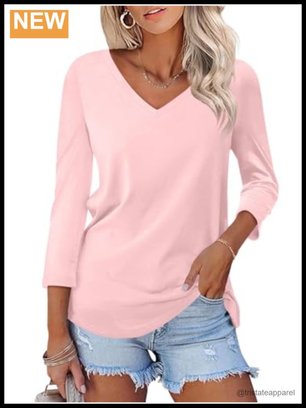 Women's V Neck 3/4 Sleeve T-Shirt Polyester Rayon Spandex Casual Top